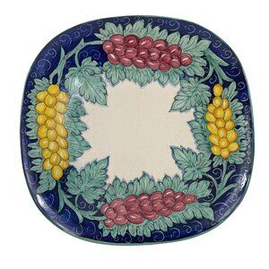 Hand-Painted 14" Square Ceramic Serving Plate With Grapes & Leaves Design